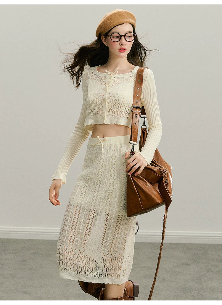 Hollow Out Button Knit Cardigan & Half Skirt Setup