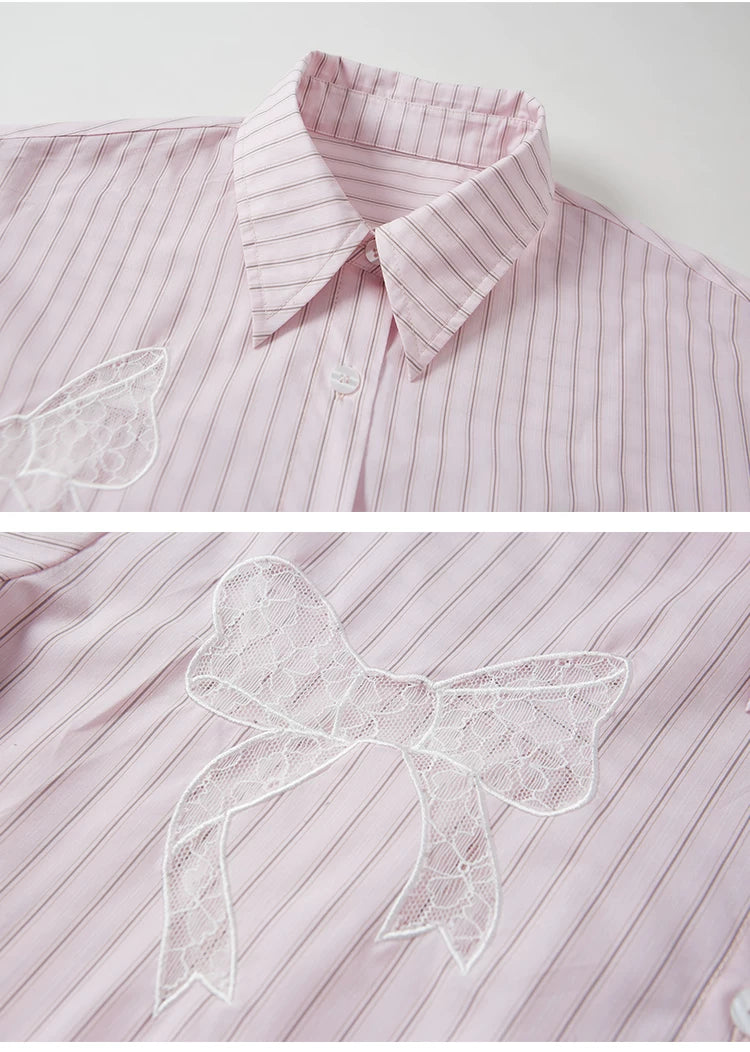Stripe Lace Hollow Bow Long Sleeve Shirt