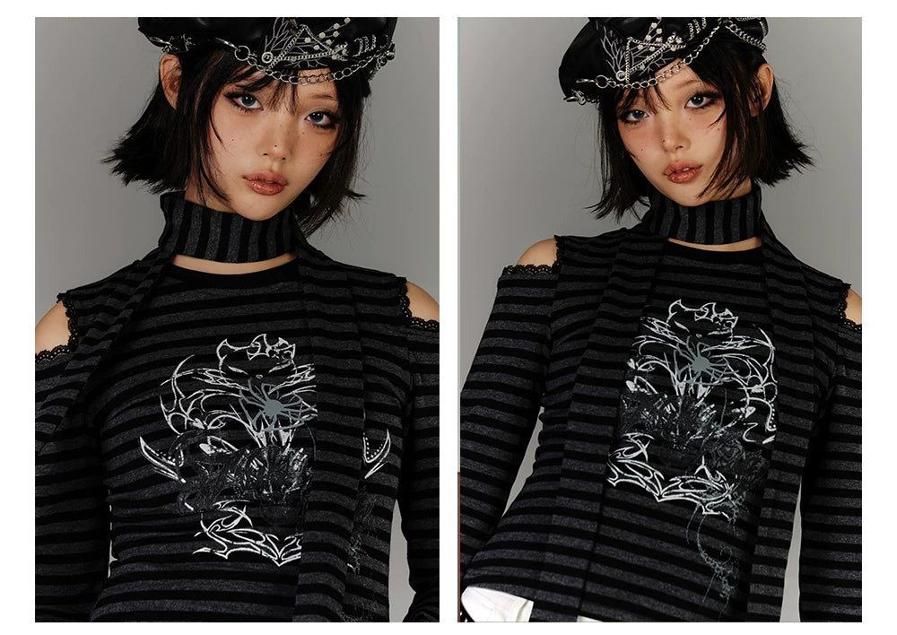 Stripe Graphic Print Cutout High-Neck Long Sleeve T-Shirt & Stripe Star Scarf