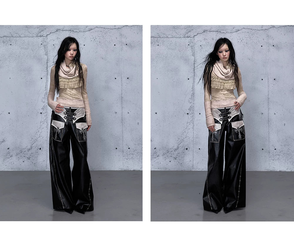 Lace Panel Buckle Detail Wide Leg PU Leather Pants