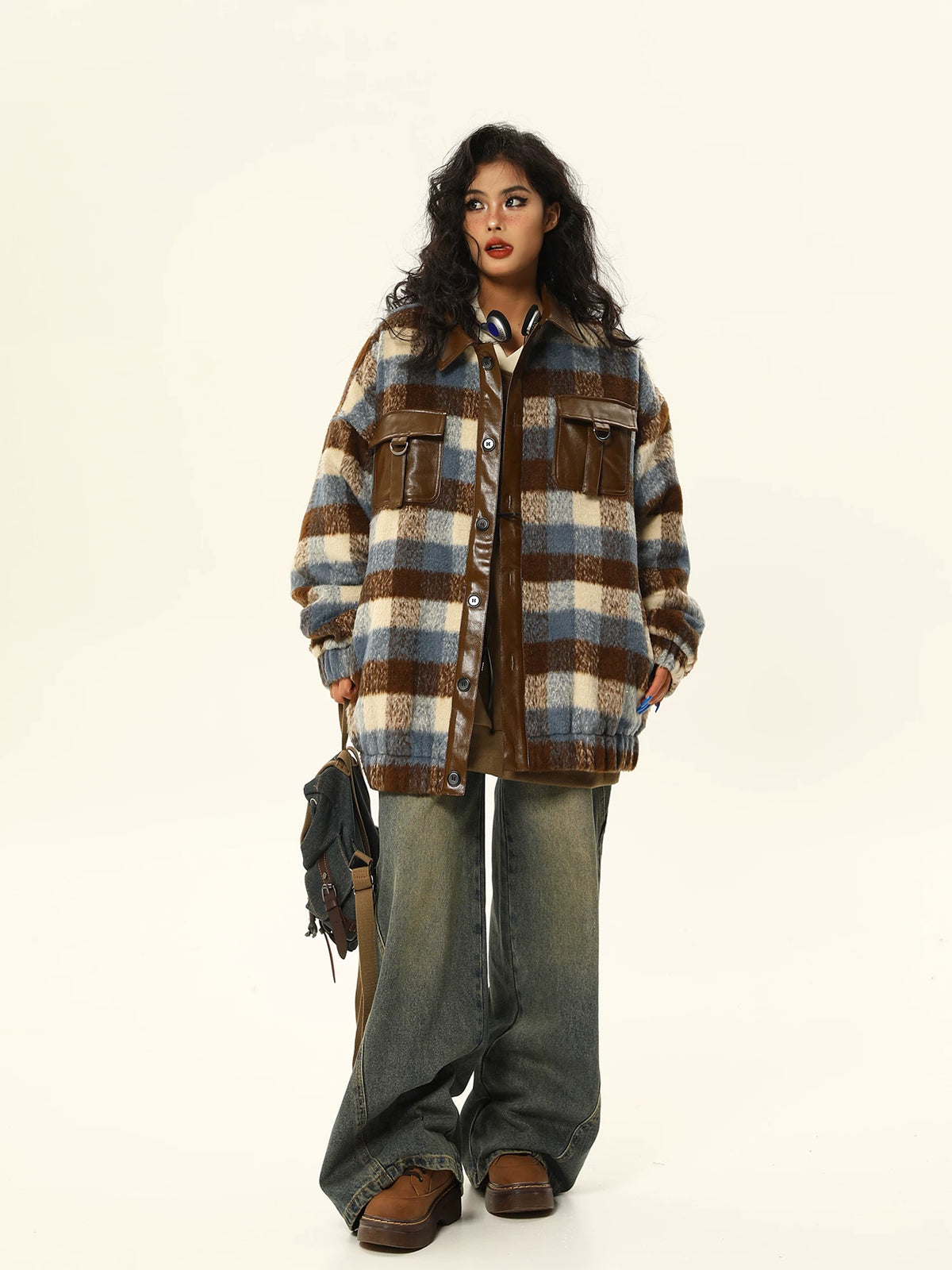 PU Leather Mix Woolen Plaid Jacket
