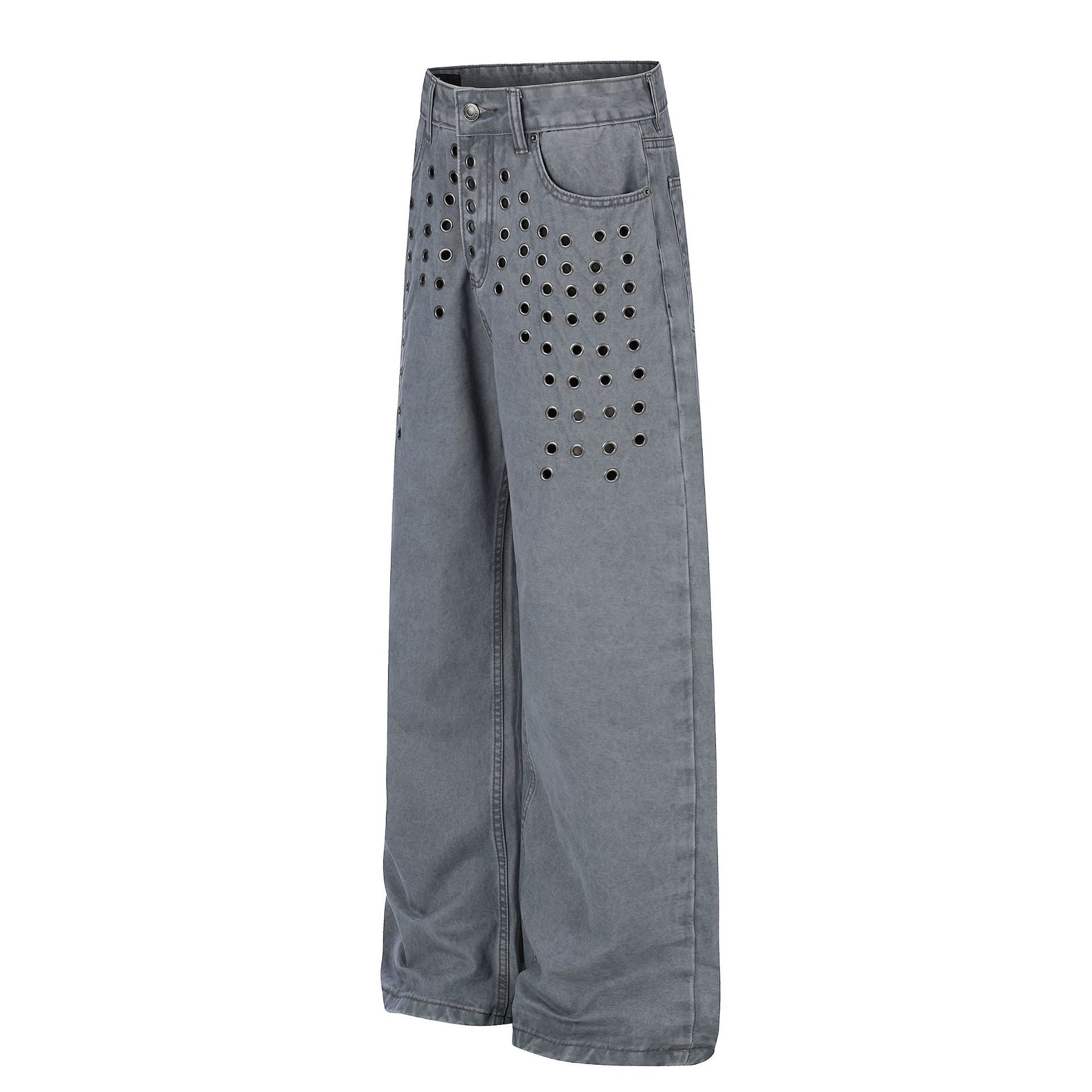 Washed Eyelet Wide Leg Denim Jeans