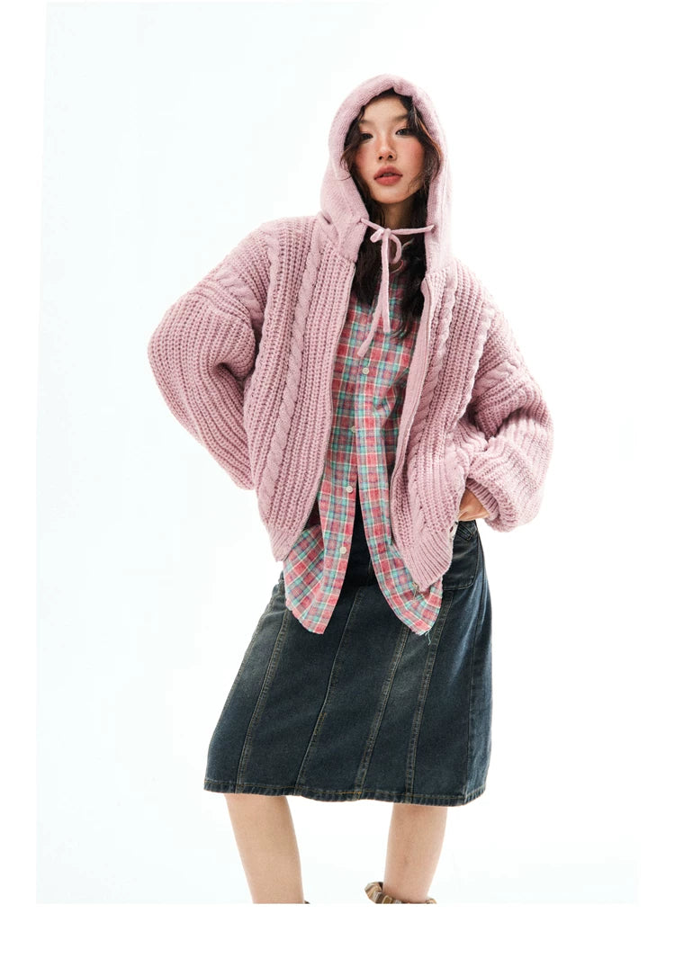 Chunky Knit Zipper Hooded Oversize Cardigan
