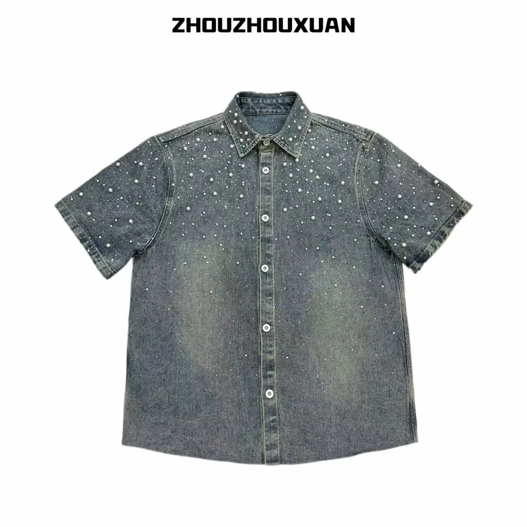 Pearl Decoration Wash Short Sleeve Denim Shirt