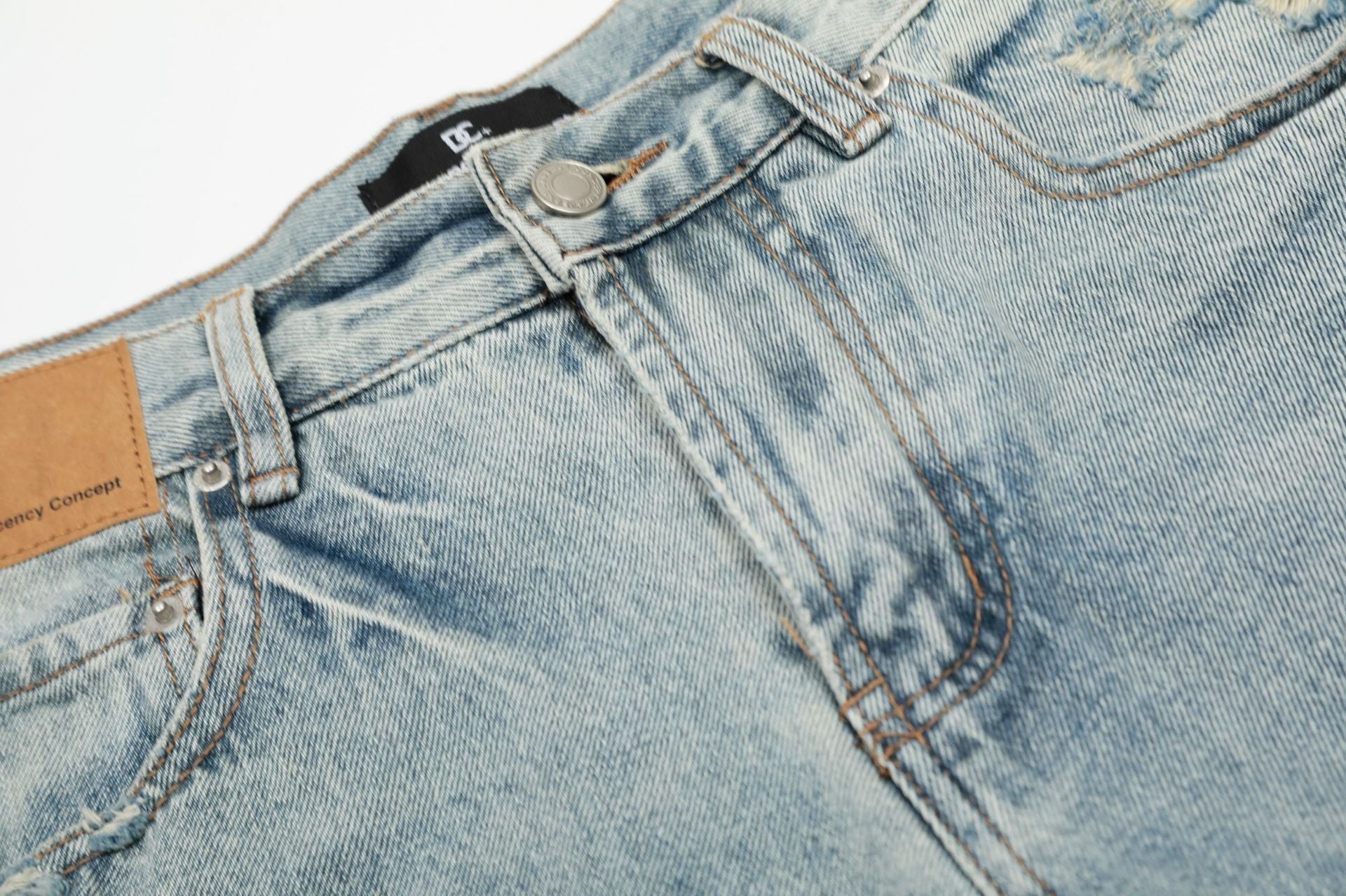Wash Damage Wide Leg Curved Denim Jeans