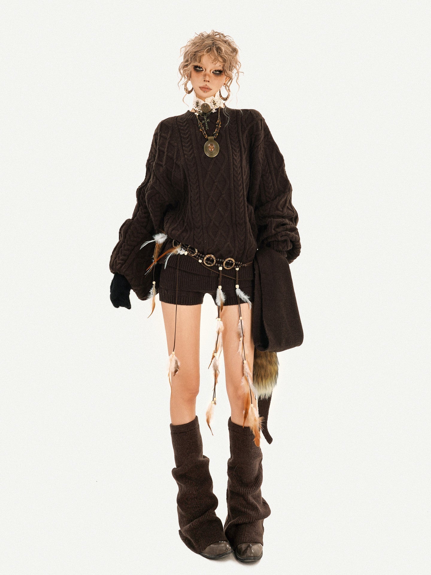 Oversize Knit Sweater & Low Waist Knit Short Pants & Shawl & Leg Warmers Setup