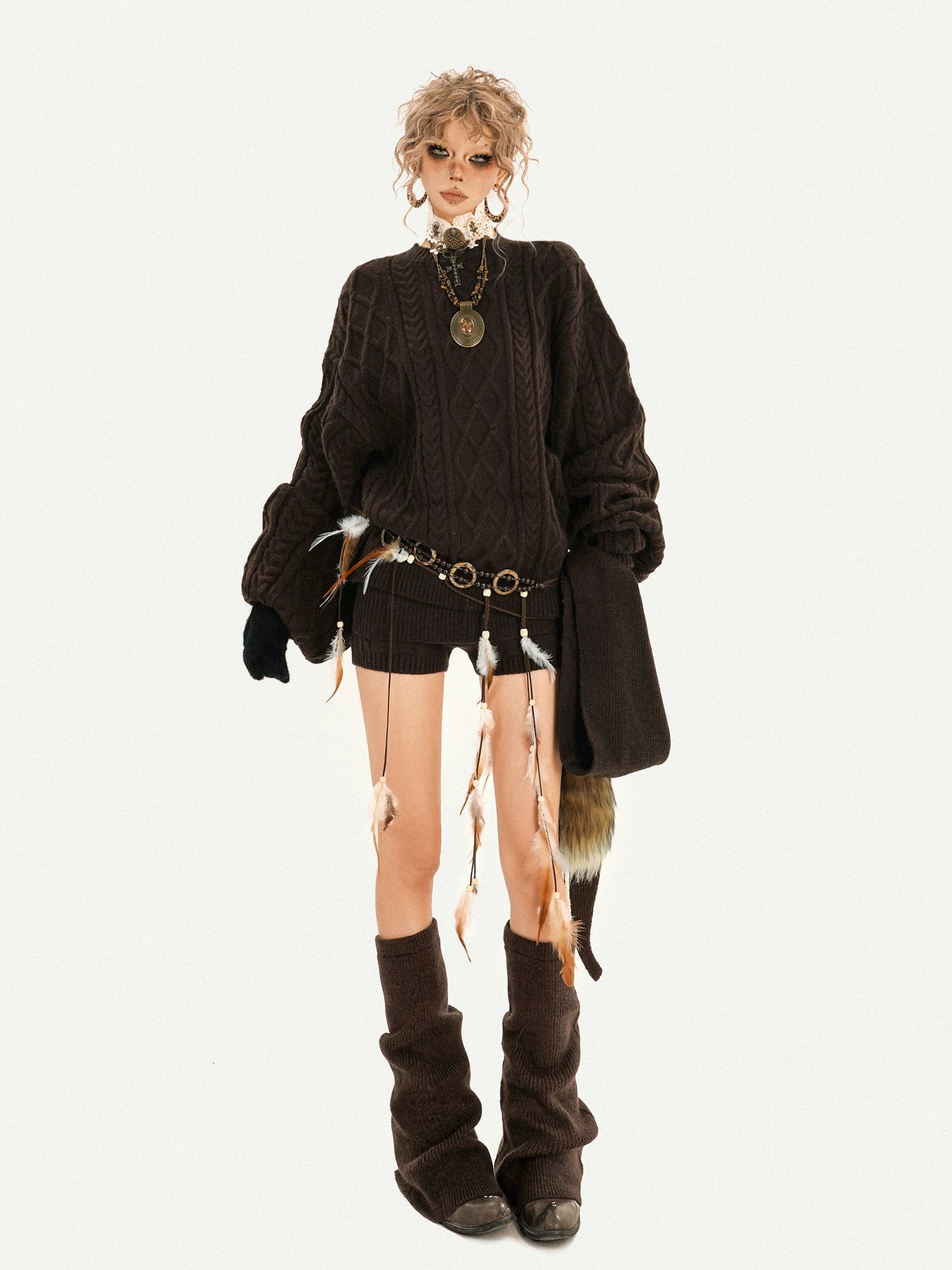 Oversize Knit Sweater & Low Waist Knit Short Pants & Shawl & Leg Warmers Setup