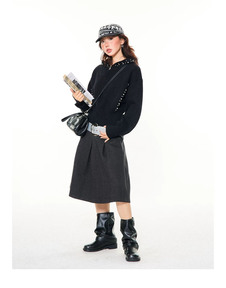 Pearl Embroidery Cropped Zipper Hoodie