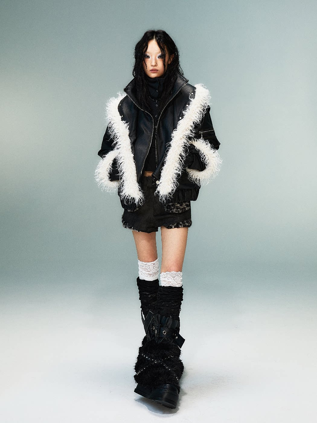 Fake Layered Washed Thickened PU Leather Padded Short Jacket