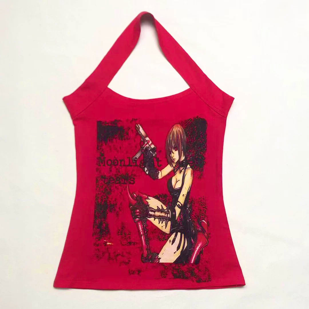 Cartoon Print Halter Tank Top
