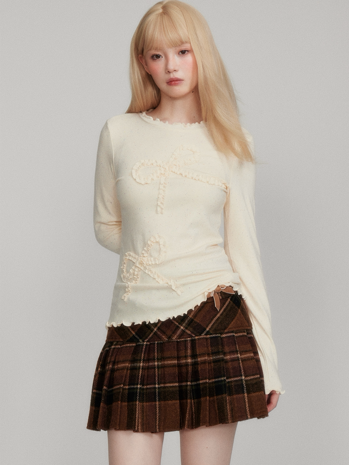 Dot Pattern Bow Lyocell Thermal Long Sleeve T-Shirt