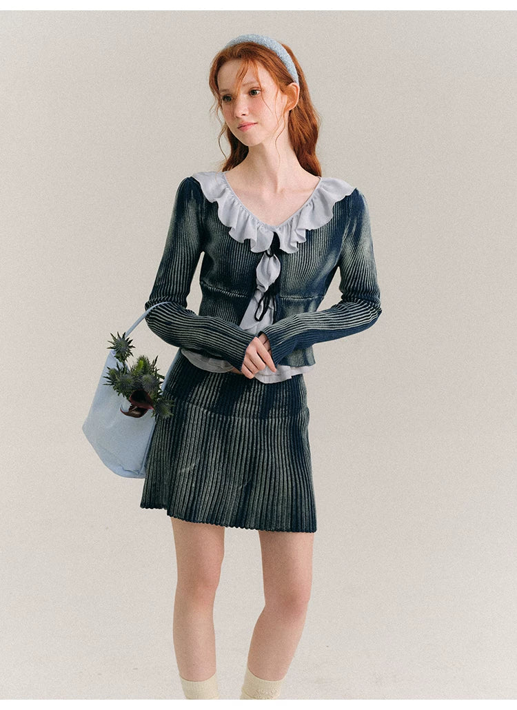 Frill Knit Cardigan & Short Rib Knit Skirt Setup