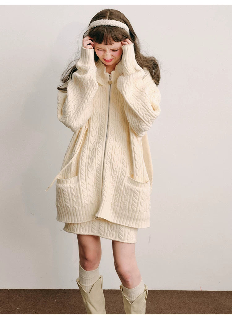 Bunny Hare Ear Hooded Zipper Knit Cardigan & Knit Skirt Setup