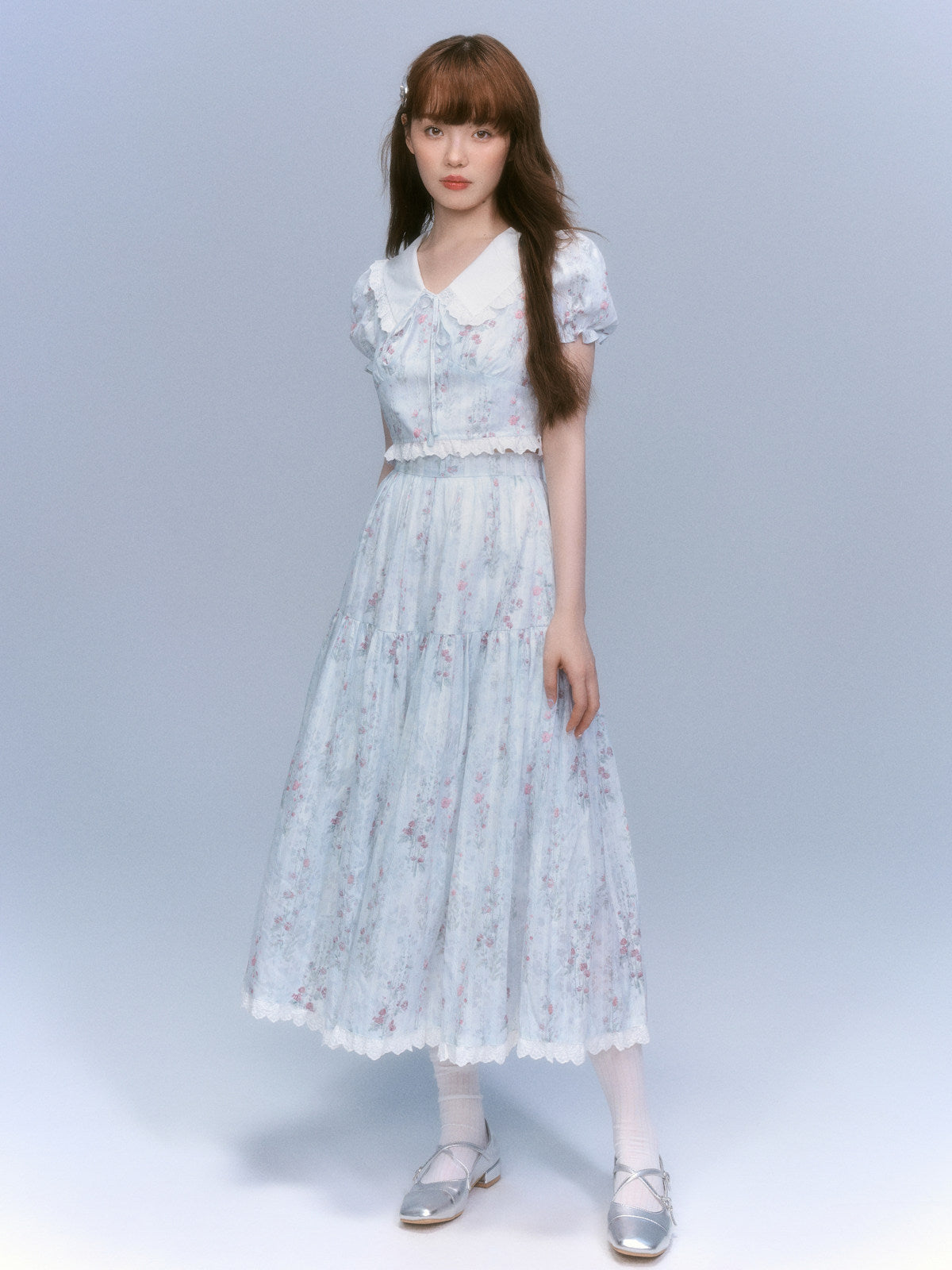 Floral-Print Blouse & Lace Trim Flared Skirt Setup
