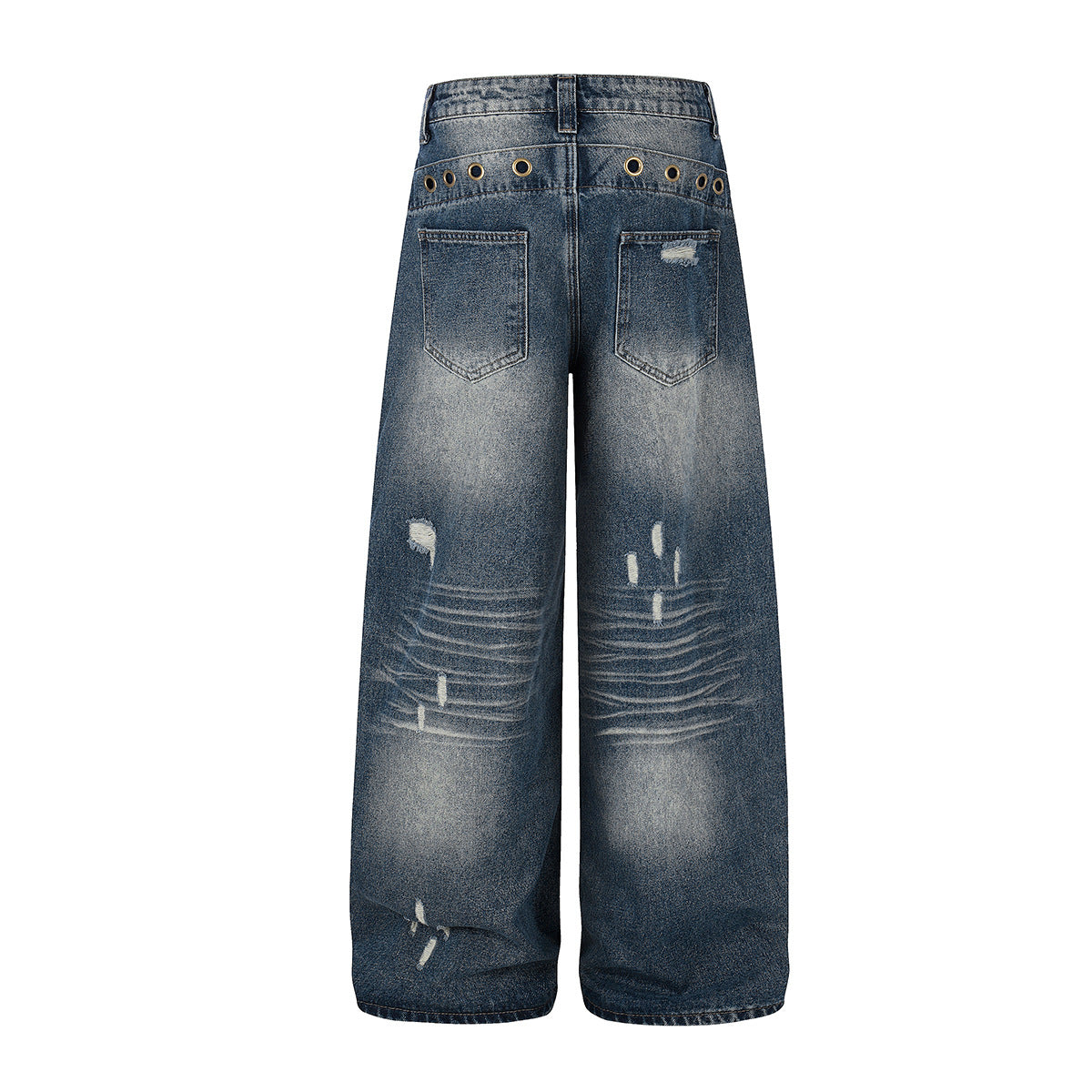Wash Rivet Damage Wide Leg Denim Jeans