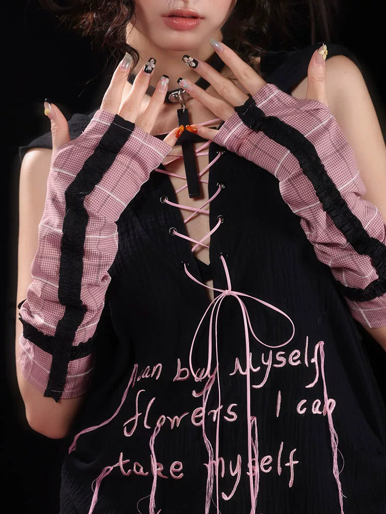 Plaid Lace Trim Arm Warmers
