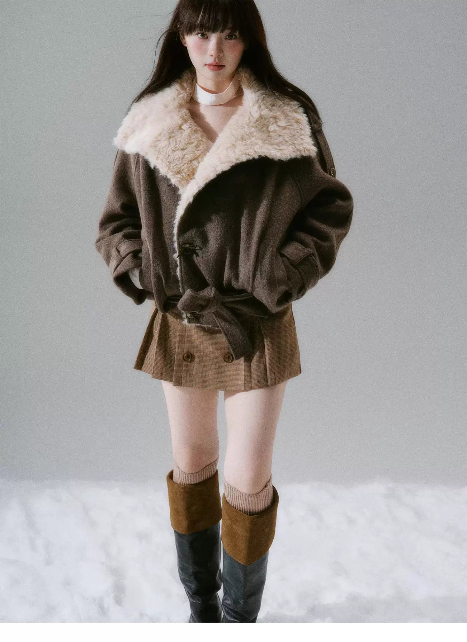 Fake Fur Collar Belted Jacket