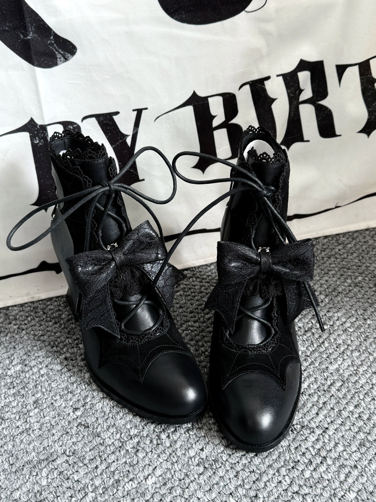 Lace Bow Purple Spider Web Ankle Boots