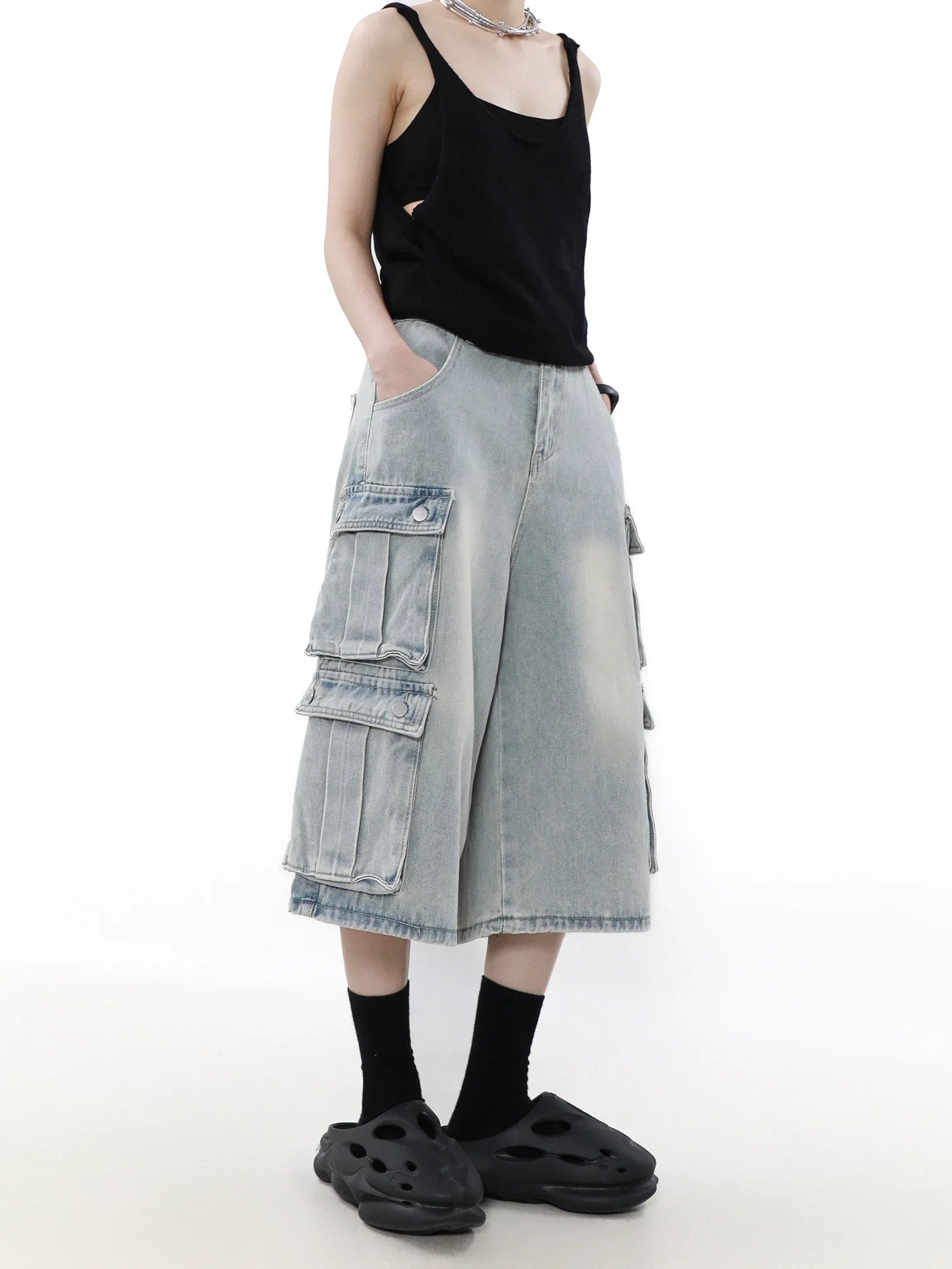 Wash Multi Pocket Ankle-length Wide Leg workwear Denim Jeans