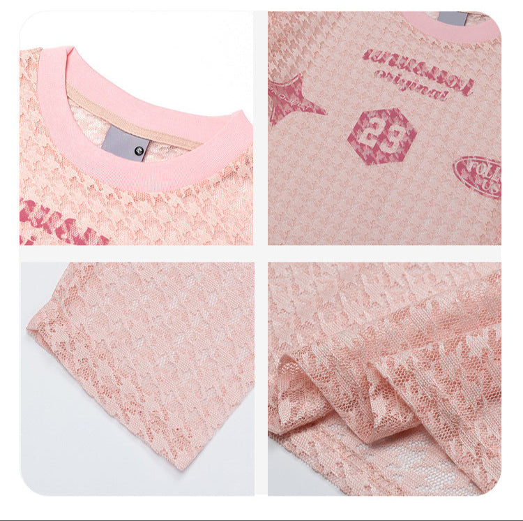 Pink lace garment with brand logo on a white background