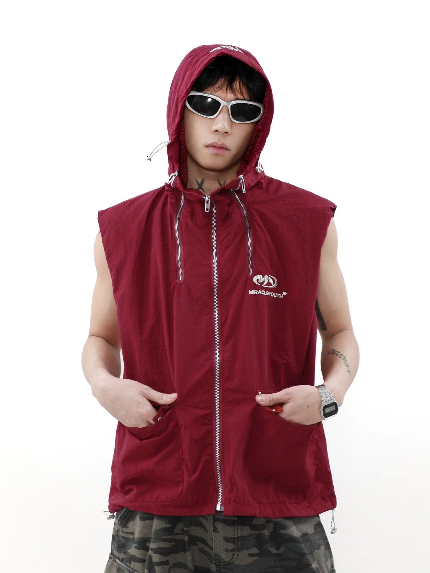 Embroidery Zipper Hooded Vest