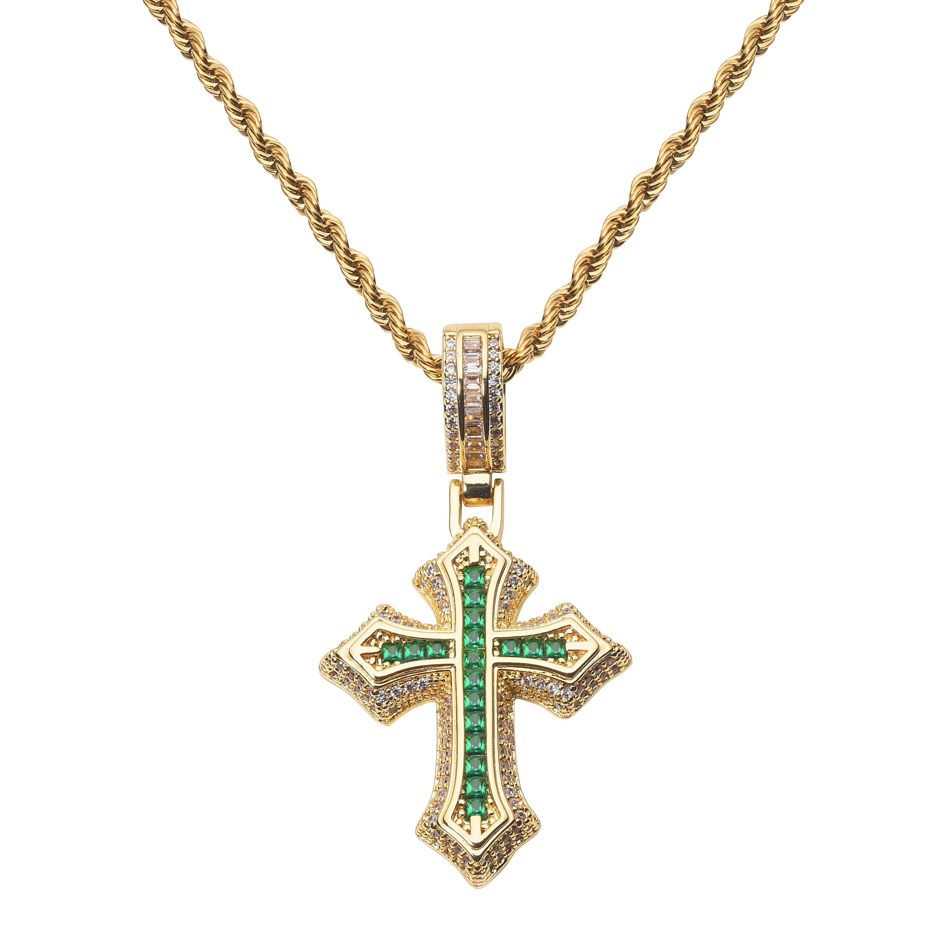 Gold Plated Cross Necklace With Green Zircon Diamonds