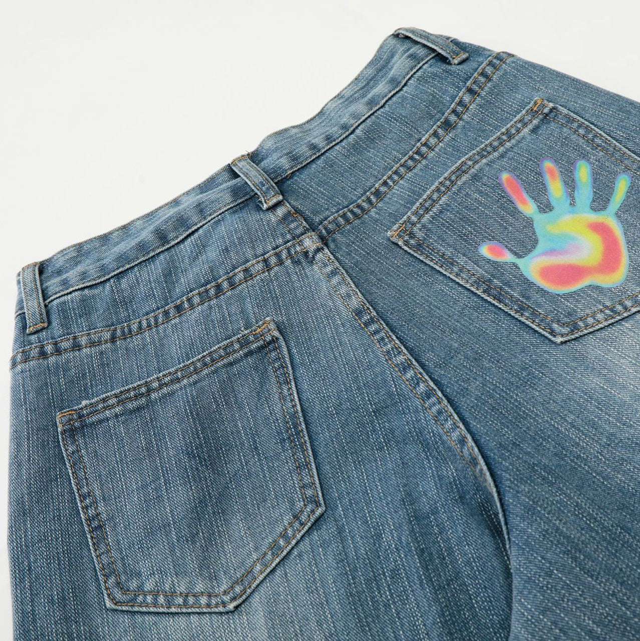 Star Heart Print Curved Wide Leg Denim Jeans