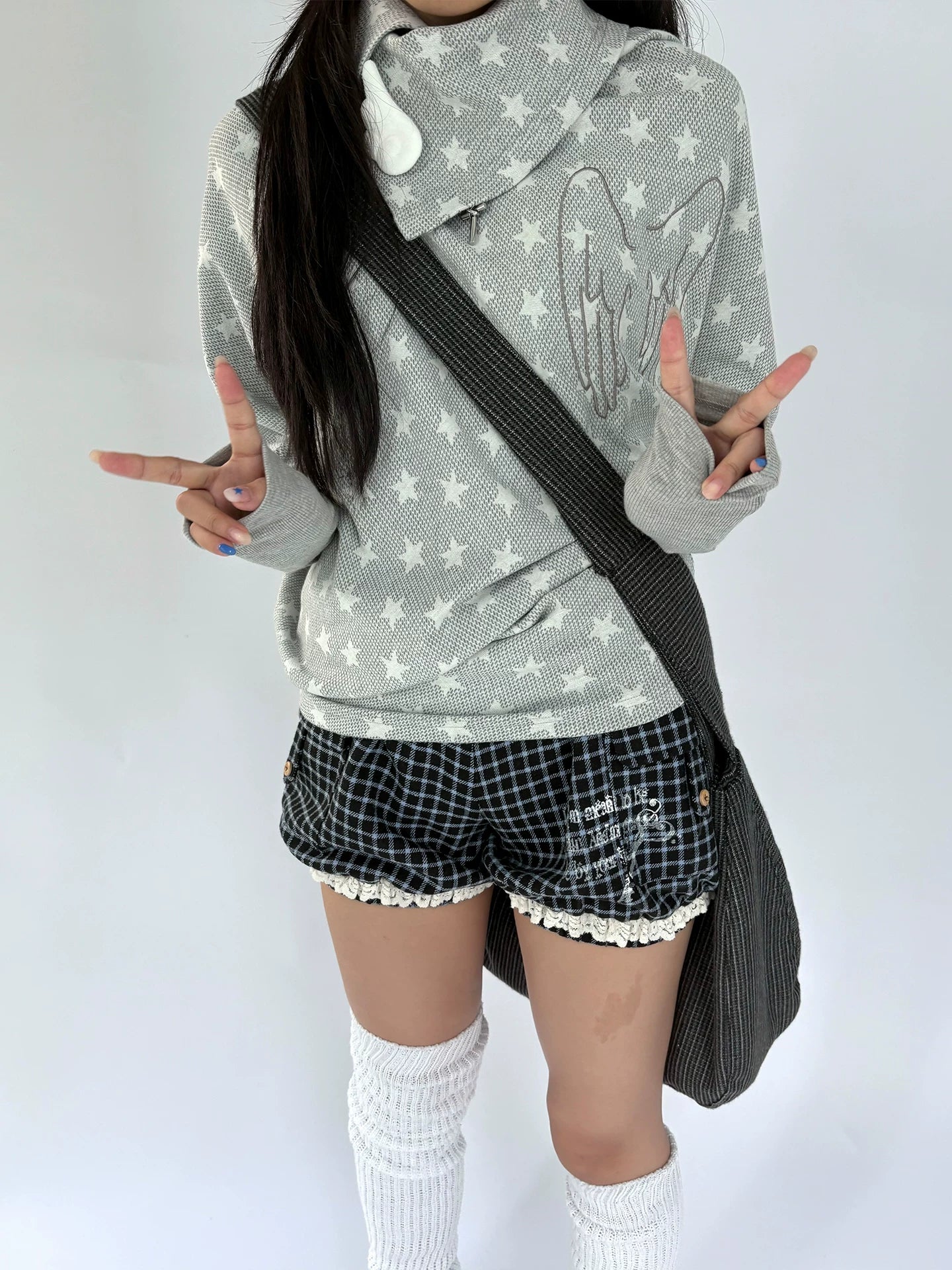 Star Print Asymmetrical High-Neck Long Sleeve T-Shirt