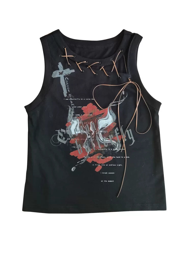 Tie-Strap Graphic Print Tank Top