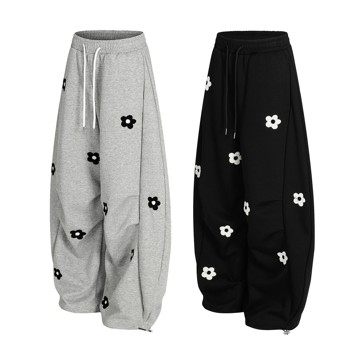 Flower Print Drawstring Wide Leg Sweatpants