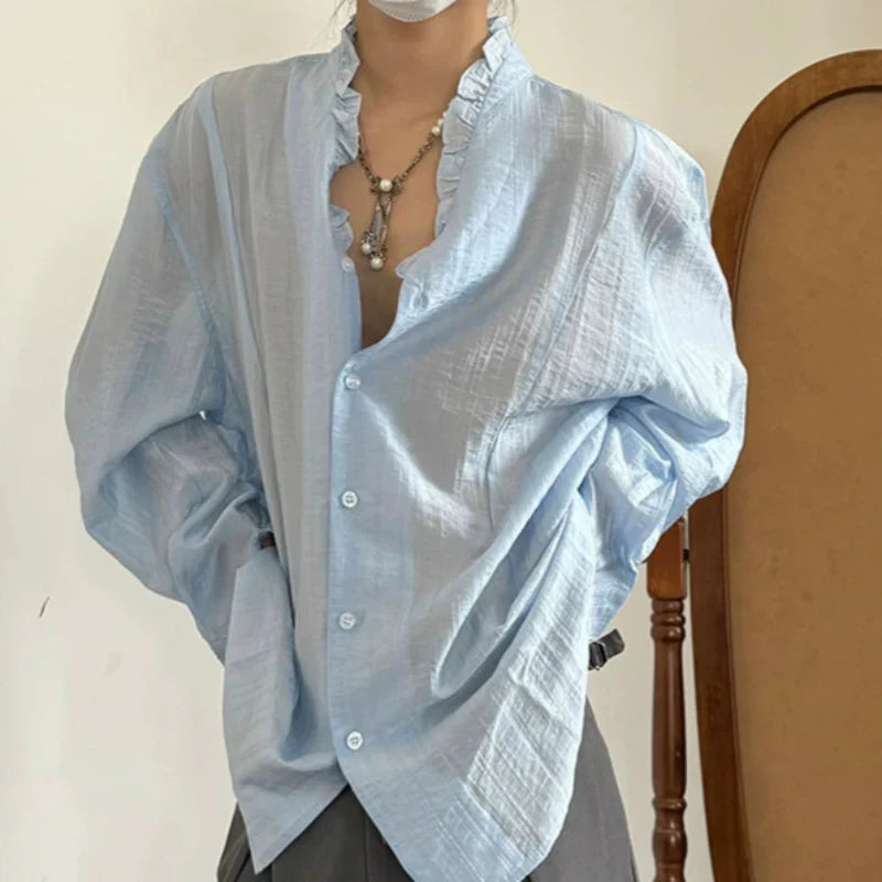 Pleats Lace V-Neck Elegant Long Sleeve Shirt