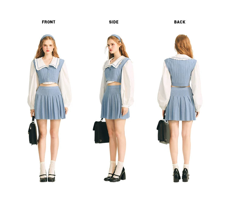 Button Knit Vest & Knit Pleated Skirt Setup