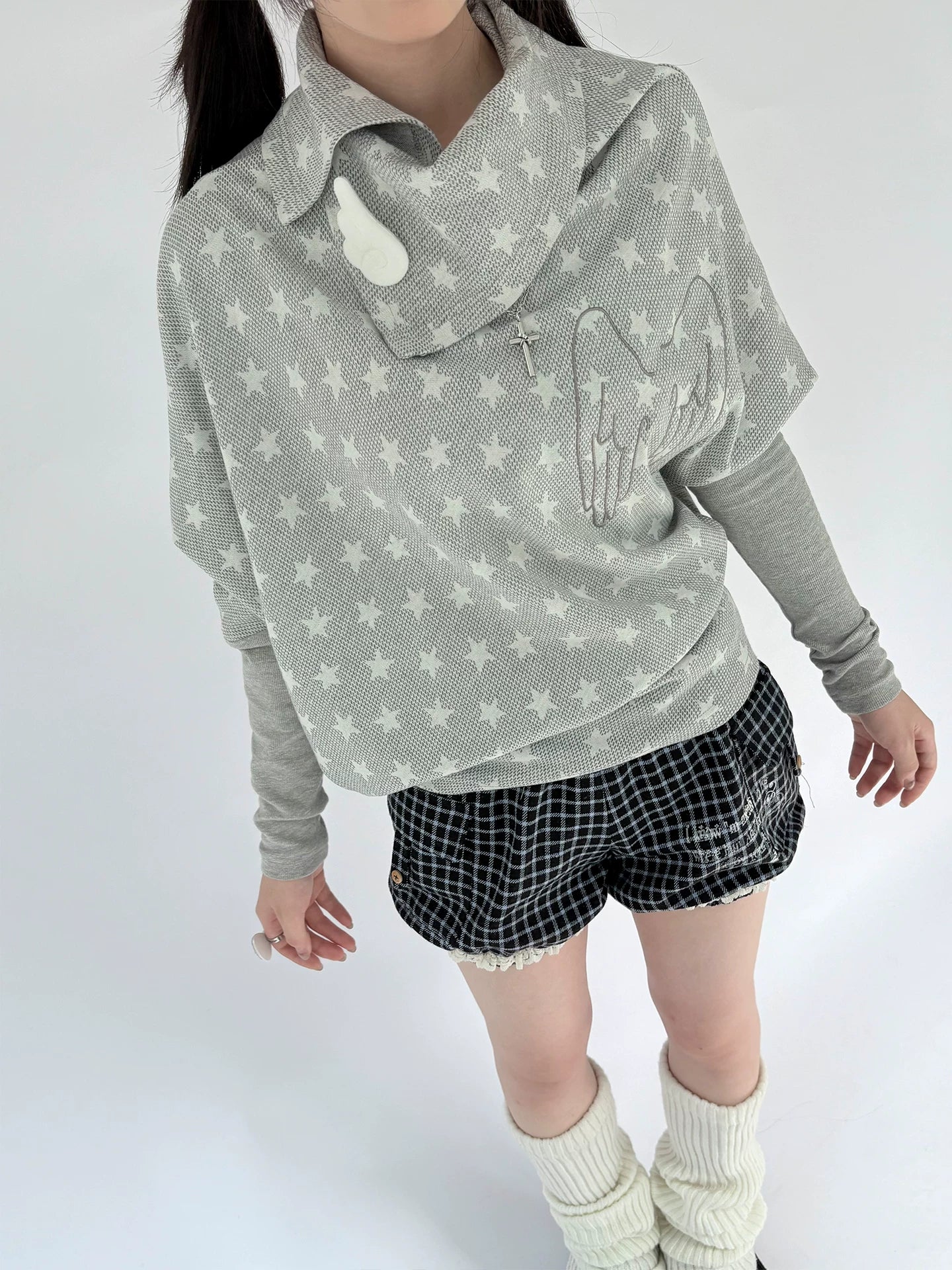 Star Print Asymmetrical High-Neck Long Sleeve T-Shirt