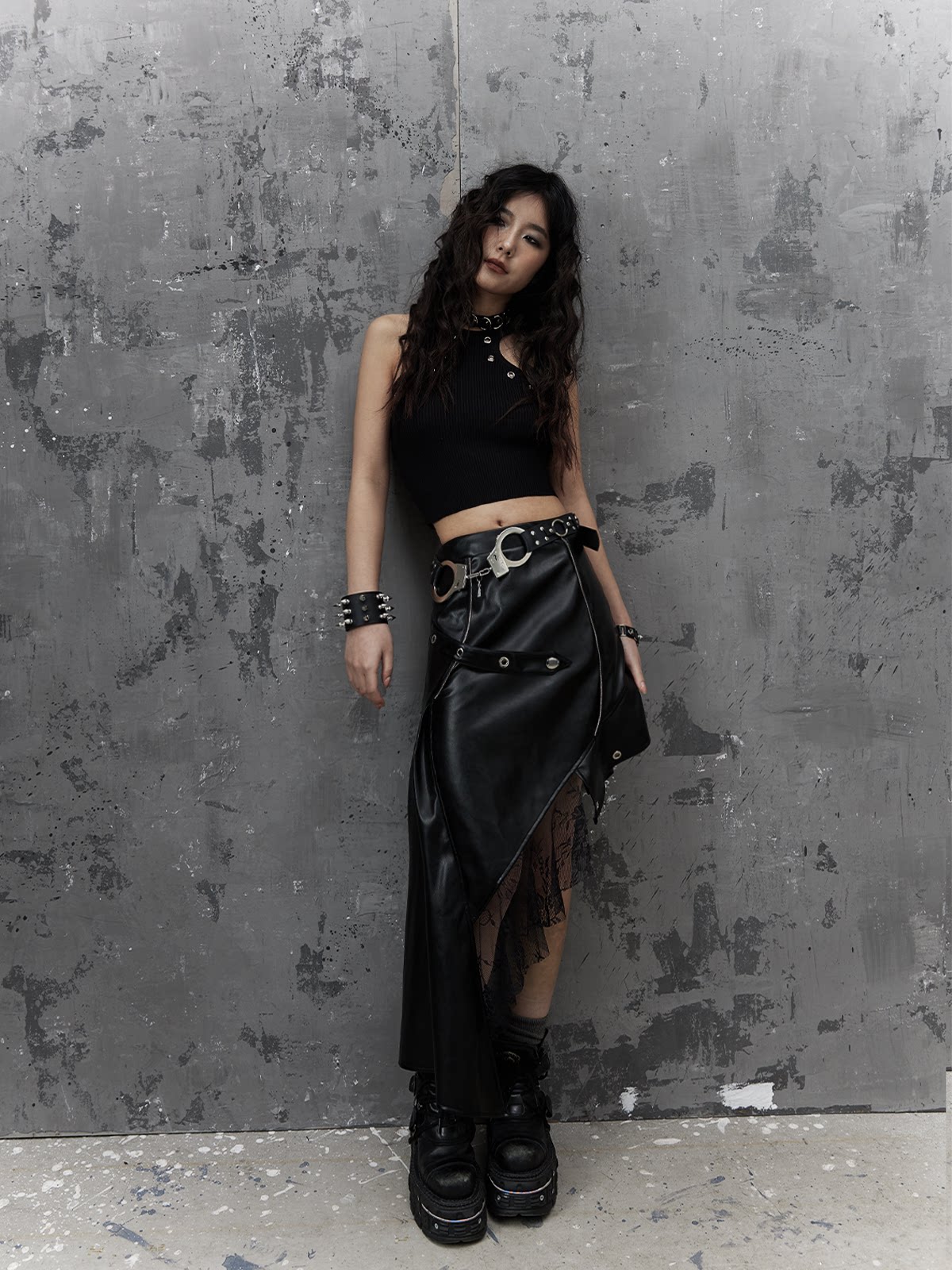 Asymmetric PU Leather Mesh Patchwork Skirt