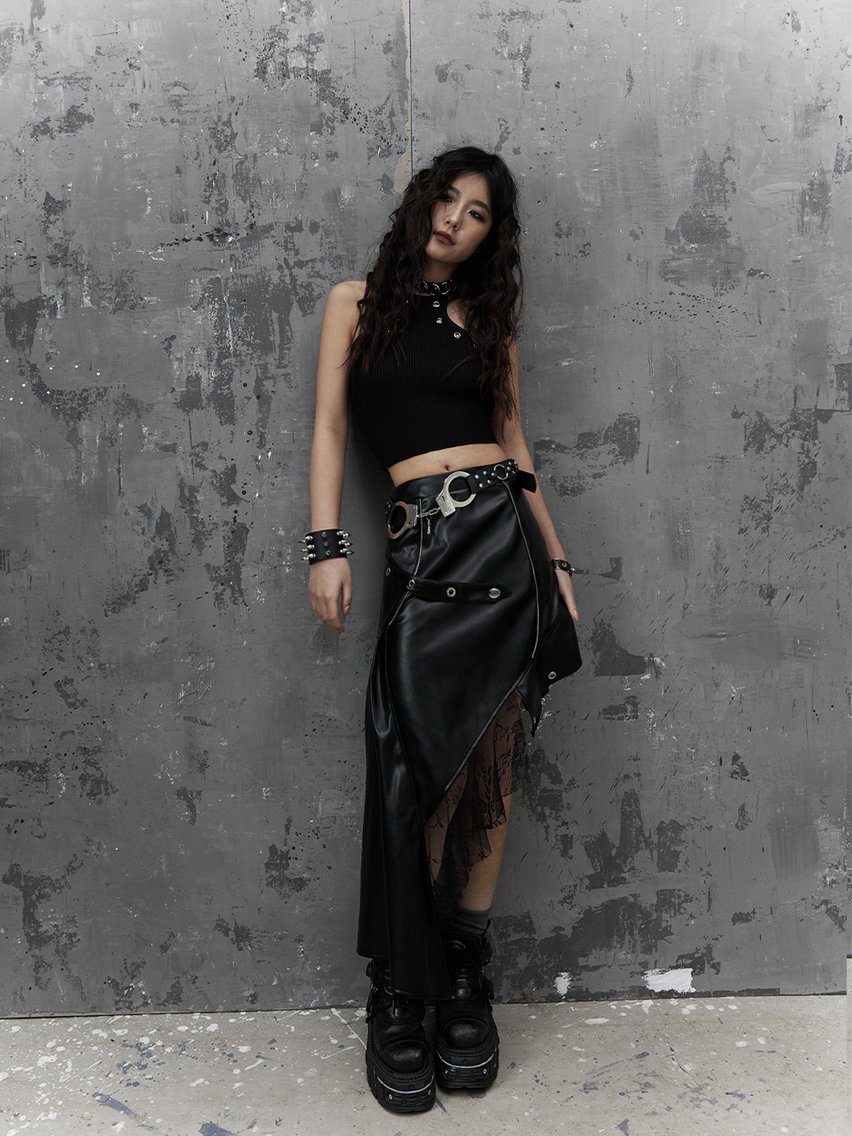Asymmetric PU Leather Mesh Patchwork Skirt
