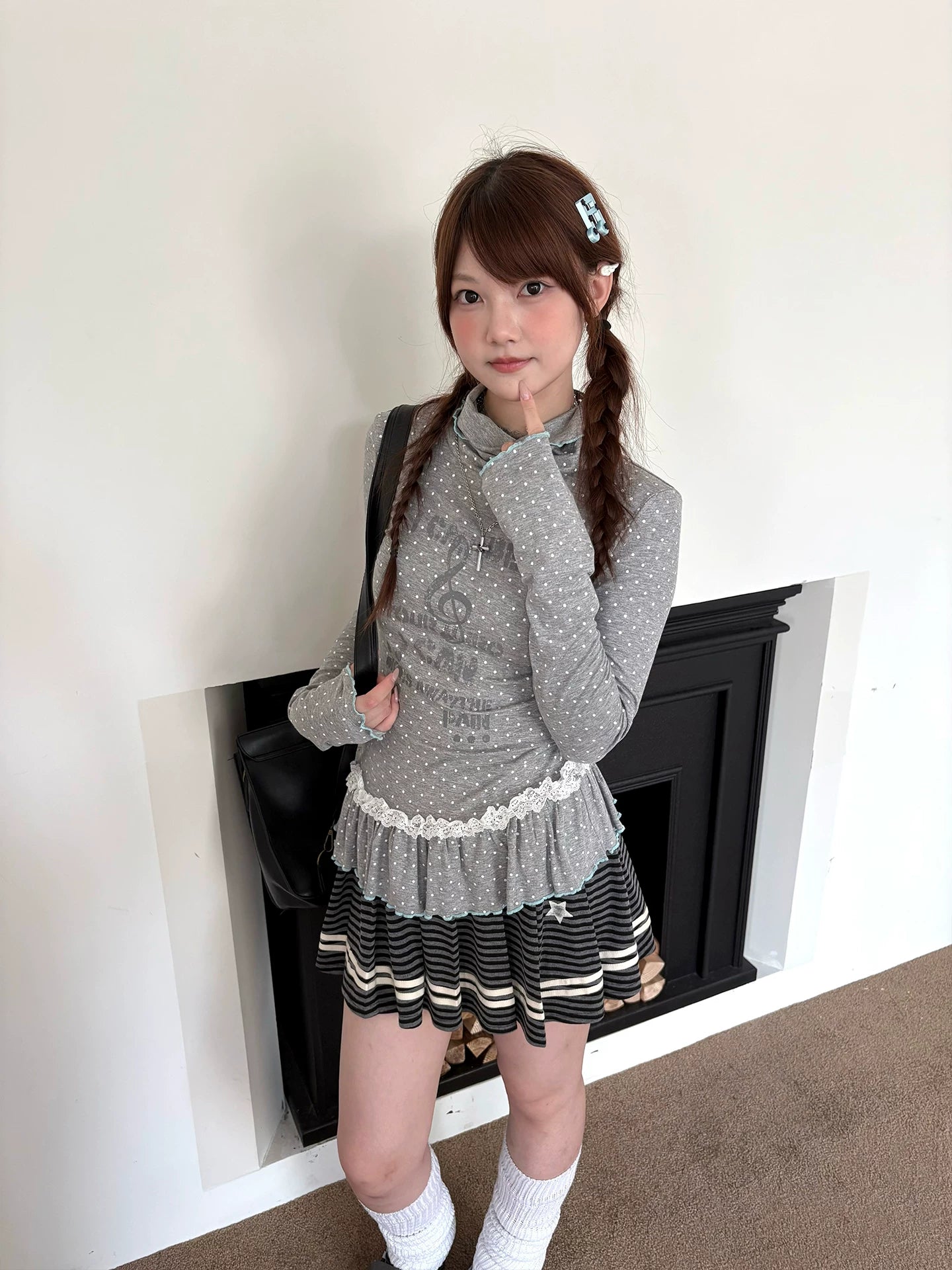 Polka Dot Lace High-Neck Long Sleeve T-Shirt