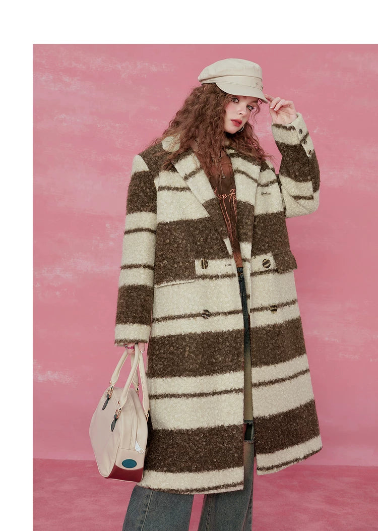 Contrast Stripe Fake Wool Mid-Length Coat