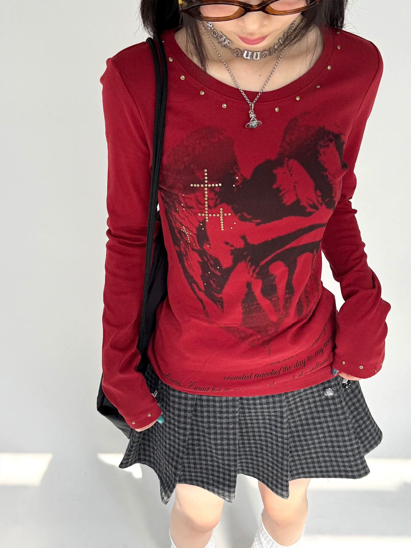 Cross Print Rivet Long Sleeve T-Shirt