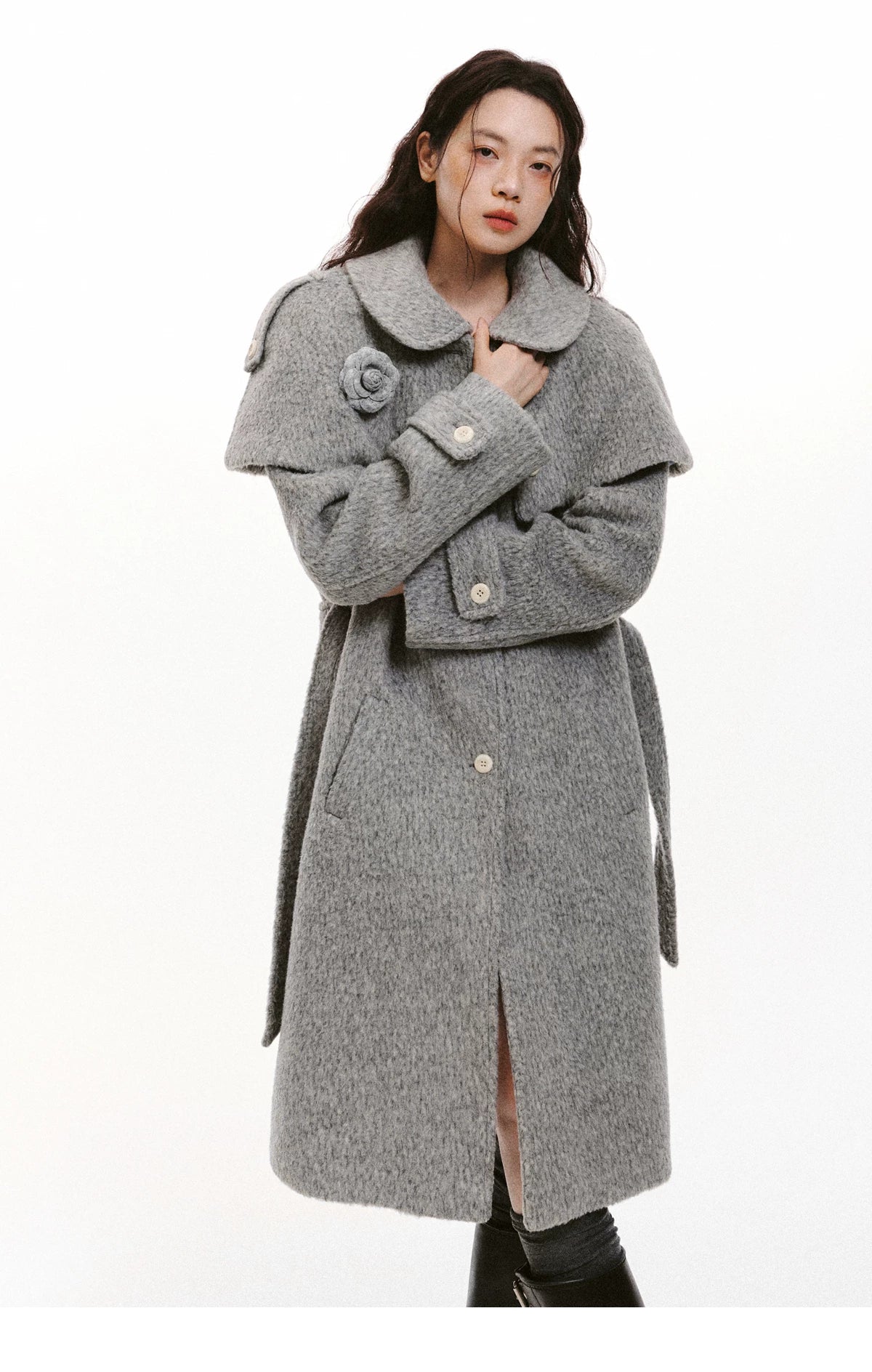 Cape Collar & Flower Detail Belted Coat