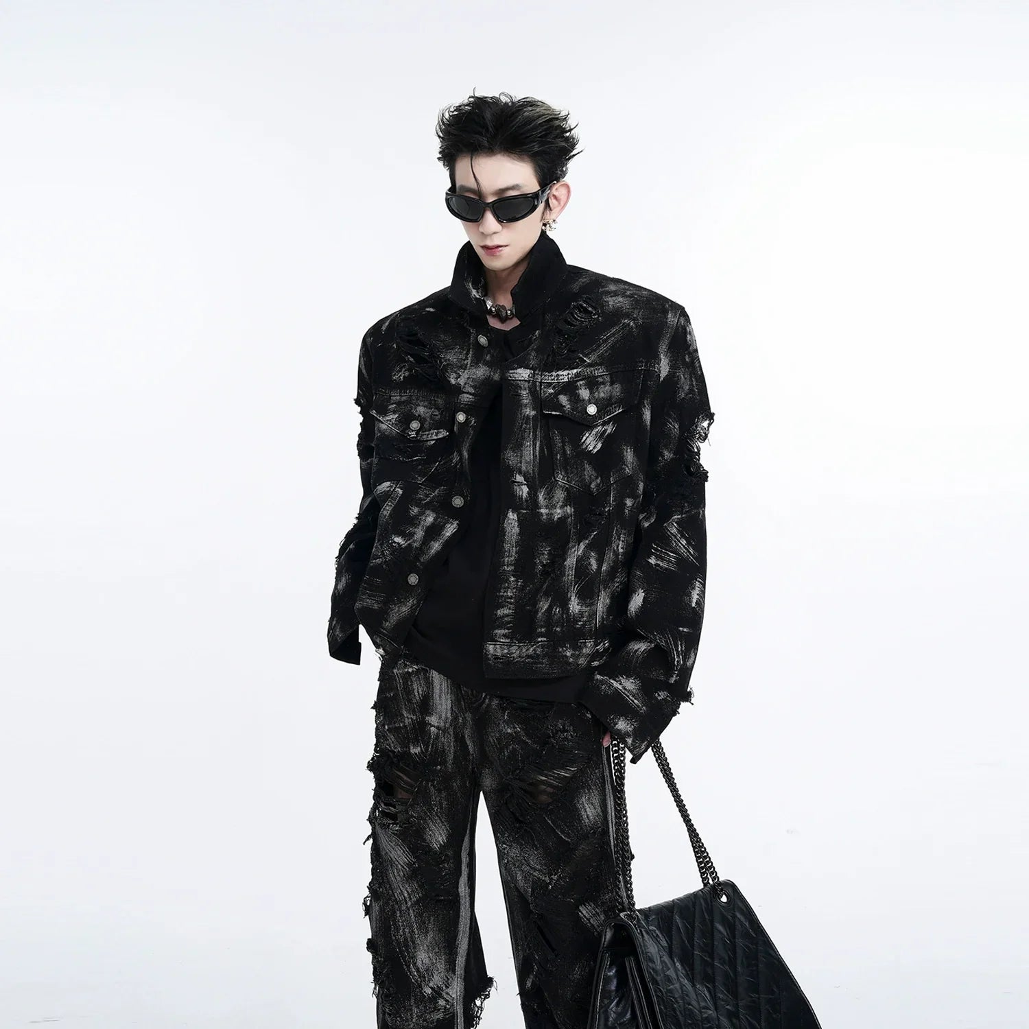 Washed Damage Denim Jacket  & Washed Graffiti Wide-Leg Denim Jeans Setup