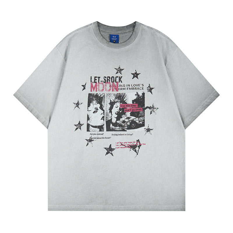 Washed Portrait Letter Print Short Sleeve T-Shirt