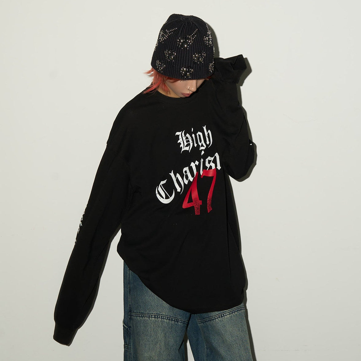 Gothic Print Damage Long Sleeve T-Shirt