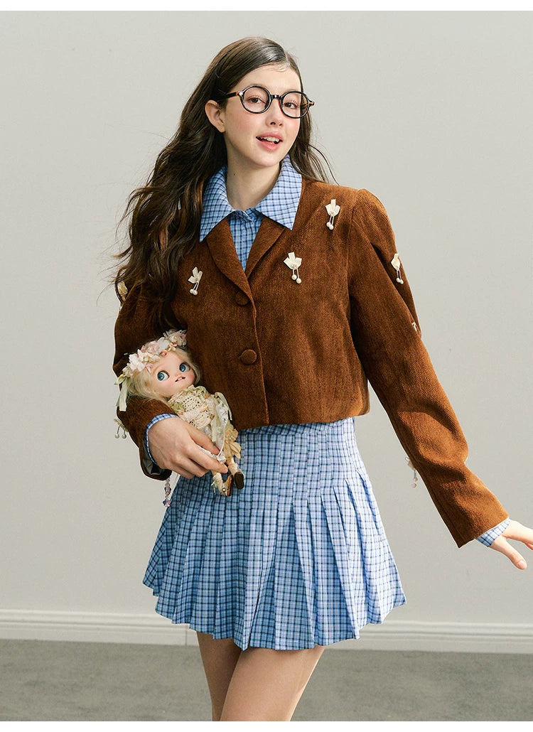 Handmade Rose Plaid Long Sleeve Shirt & Short Pleated Skirt Setup