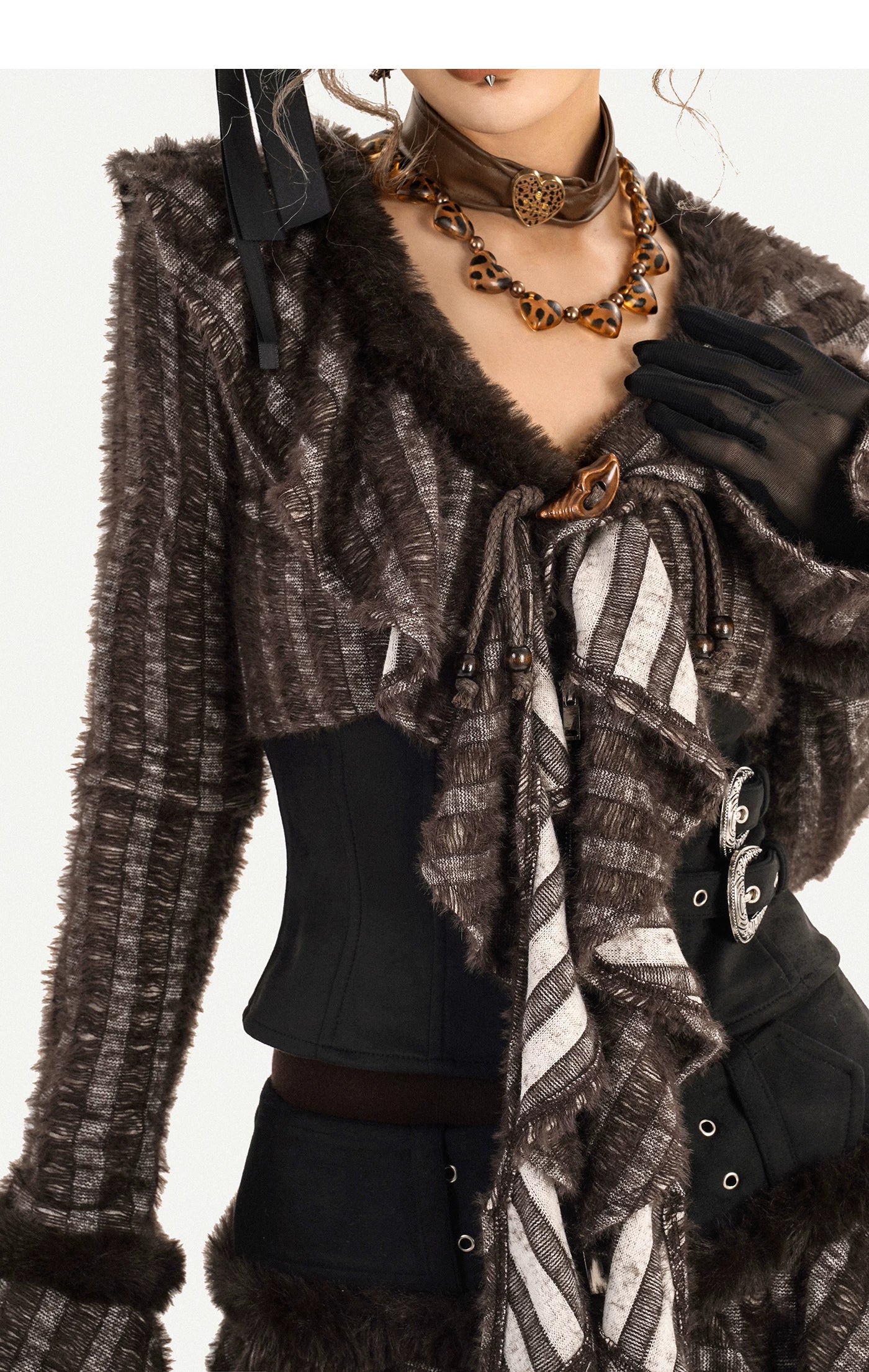 Original Design Patchwork Raw Edge Slim Long Sleeve Shirt & Skirt Setup