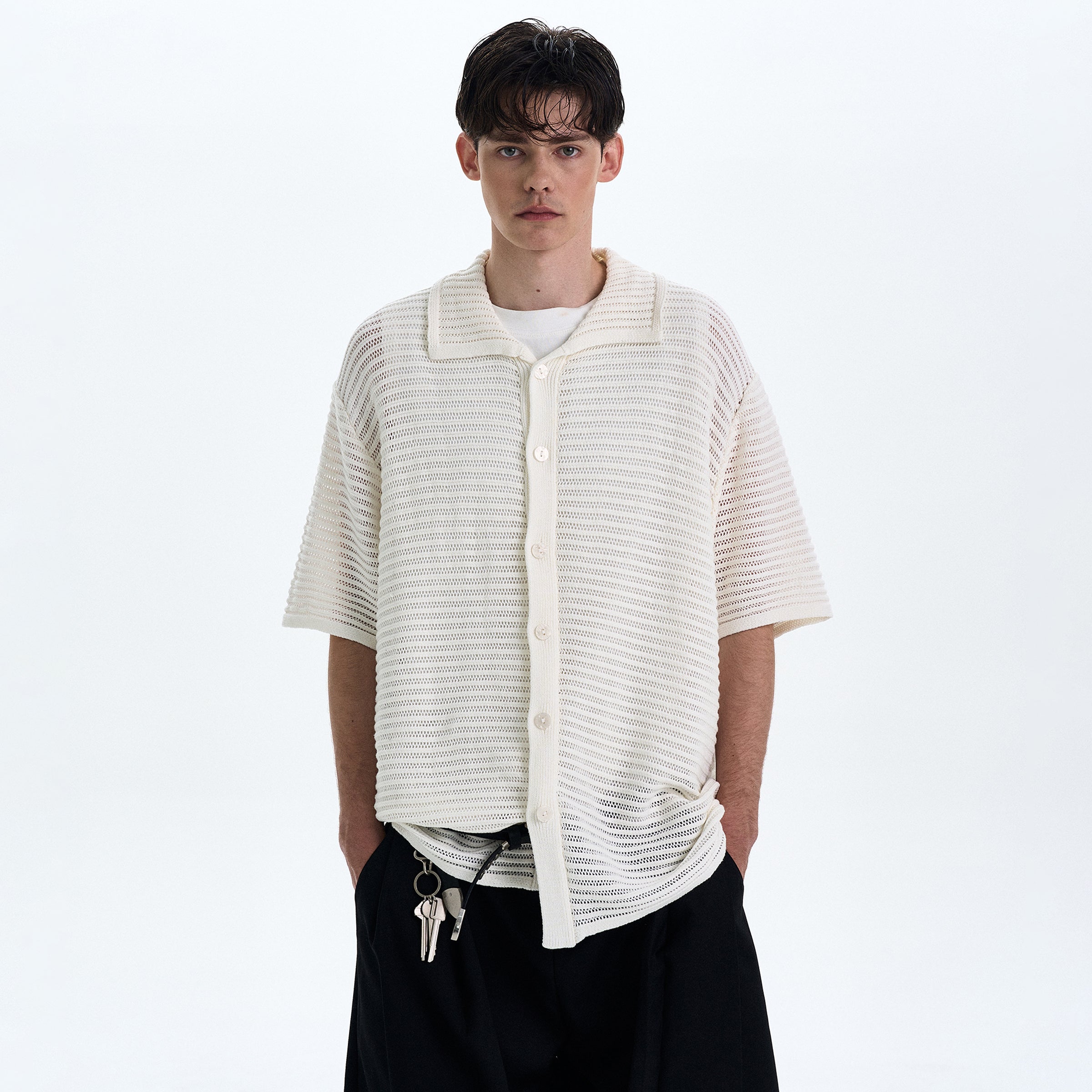 Hollow-Out Knit Short-Sleeved Shirt