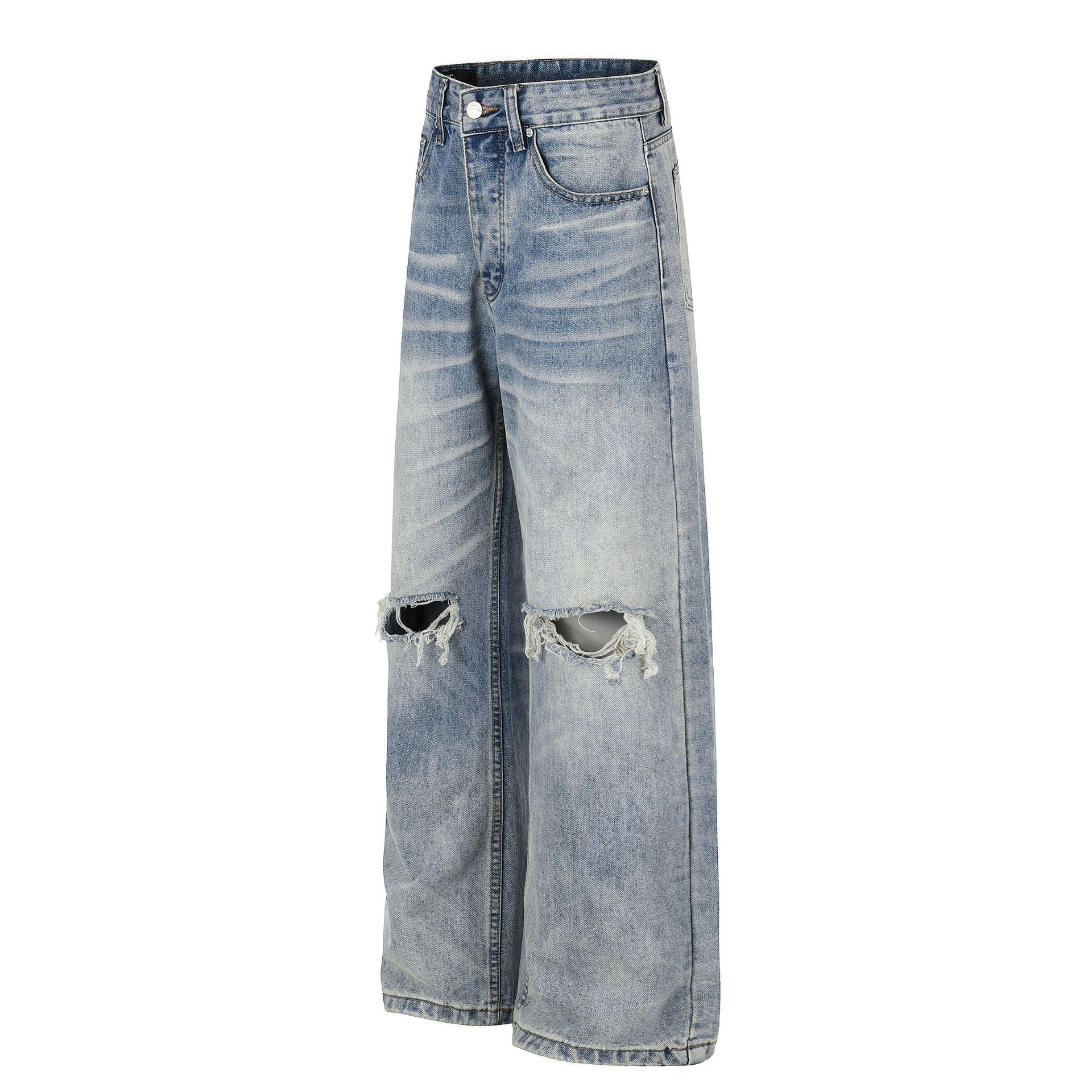 Washed Damage Whisker Wide Leg Denim Jeans