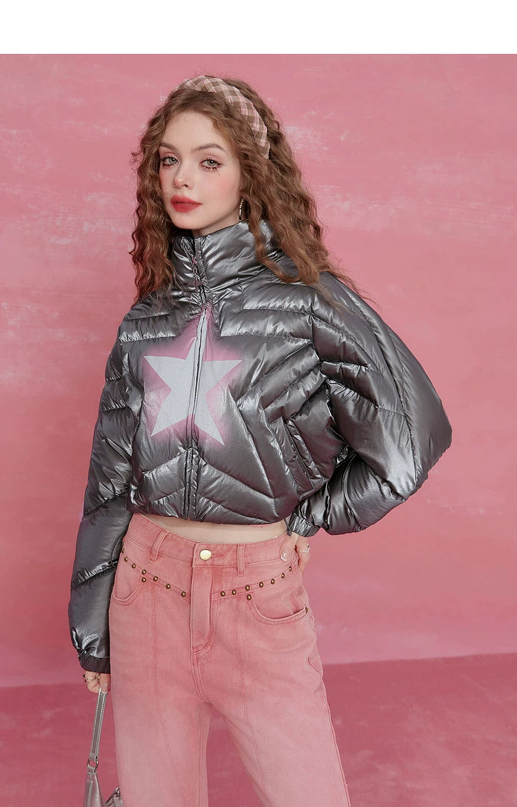 Star-Stitch Stand Neck Short White Duck Down Jacket