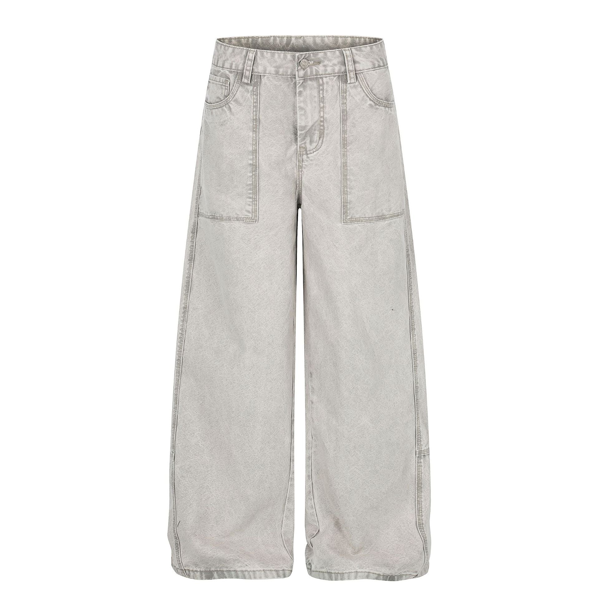 Patch Pocket Washed Wide Leg Denim Jeans