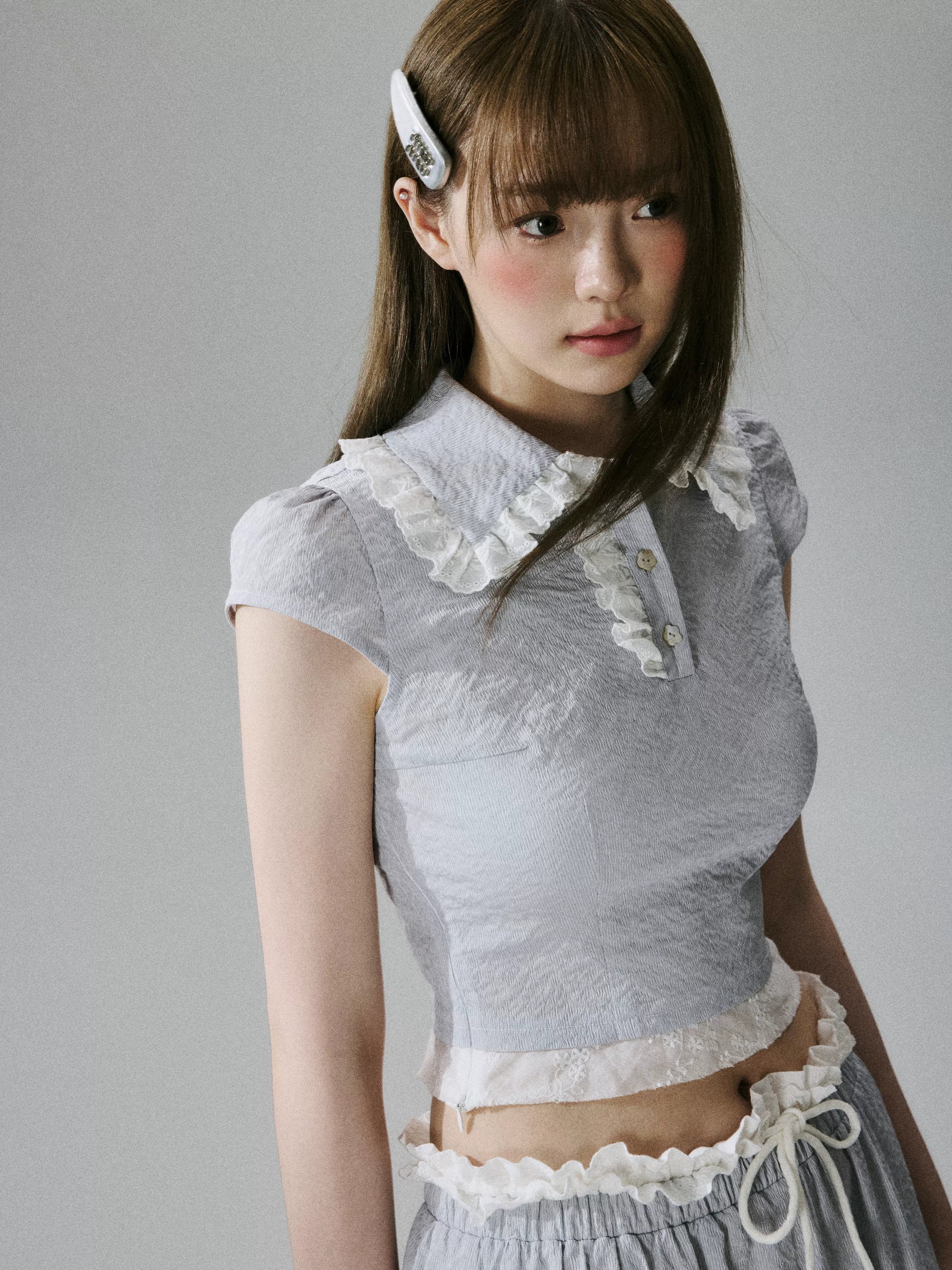 Lace-Trim Short Sleeve Shirt & Drawstring Skirt Setup