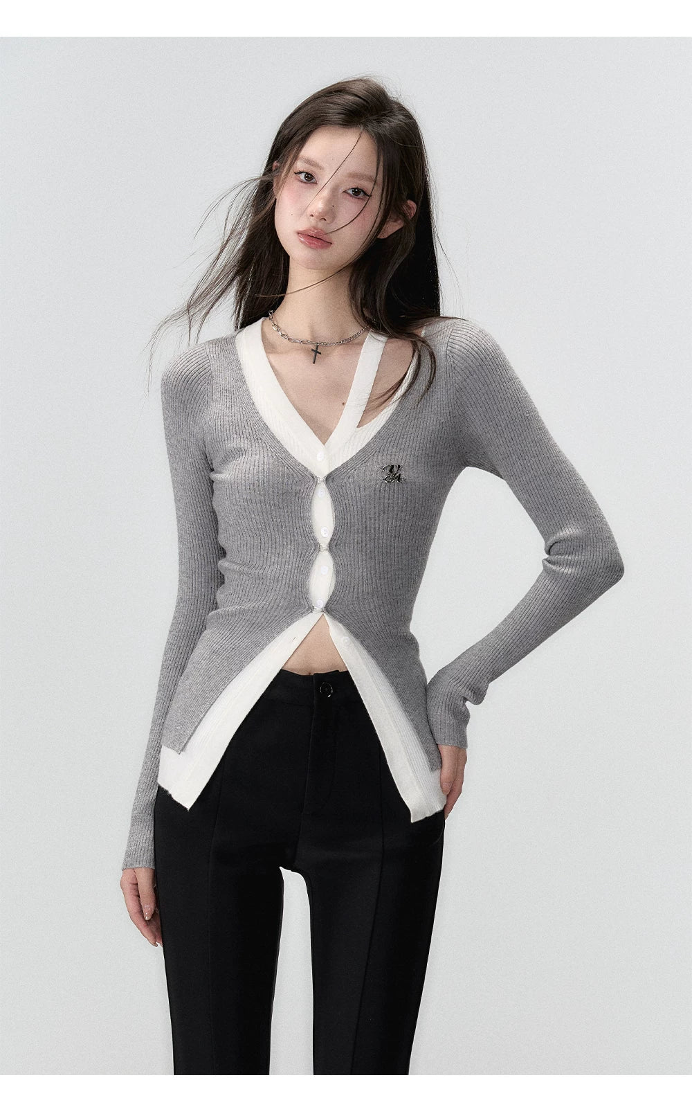Fake Layered Long Sleeve Knit Cardigan